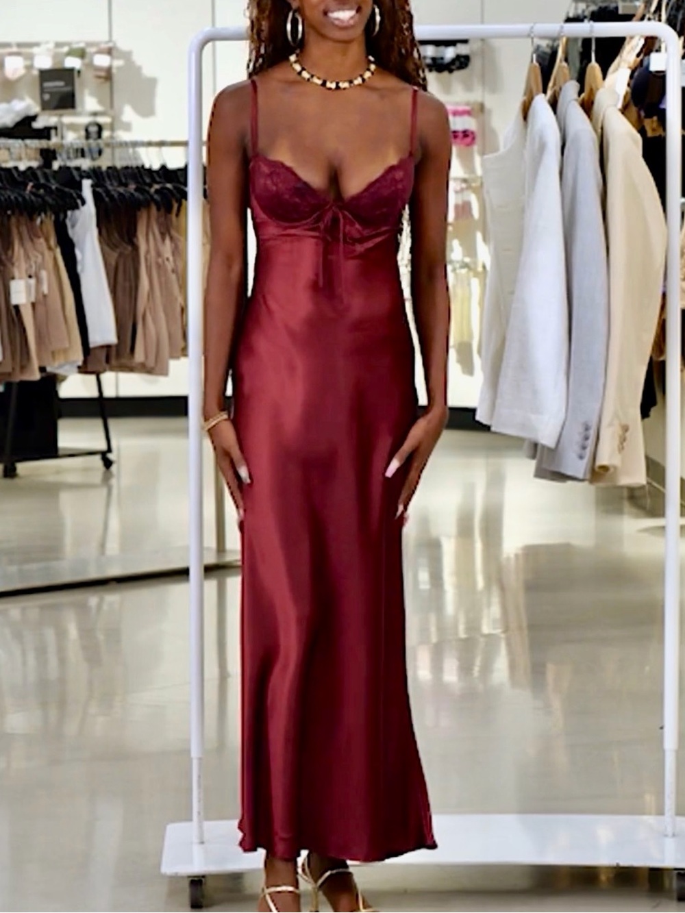 Princess Polly Fadyen Satin Slip Maxi Dress with Lace Bodice, Size 8, Burgundy